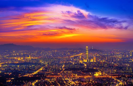 South Korea skyline of Seoul, The best view of South Korea with Lotte world mall at Namhansanseong Fortress.