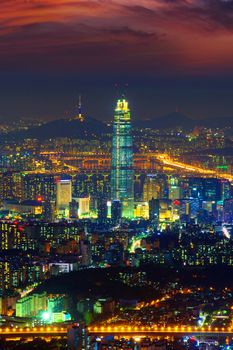 South Korea skyline of Seoul, The best view of South Korea with Lotte world mall at Namhansanseong Fortress.