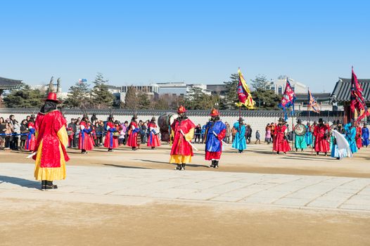 SEOUL, SOUTH KOREA - JANUARY 17: Soldier with traditional Joseon dynasty uniform guards the Gyeongbokgung Palace on January 17, 2015 in Seoul, South Korea.