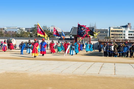 SEOUL, SOUTH KOREA - JANUARY 17: Soldier with traditional Joseon dynasty uniform guards the Gyeongbokgung Palace on January 17, 2015 in Seoul, South Korea.