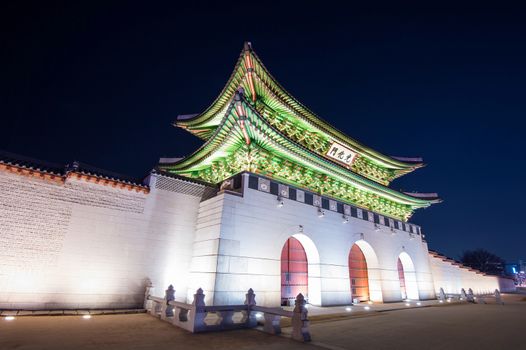 Geyongbokgung Palace at night in Seoul, South Korea.