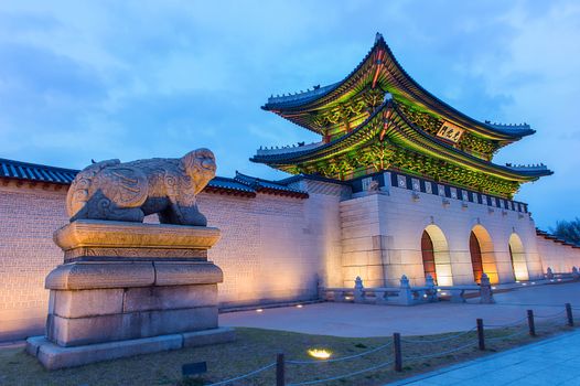 Gyeongbokgung palace at night in Seoul, South Korea.