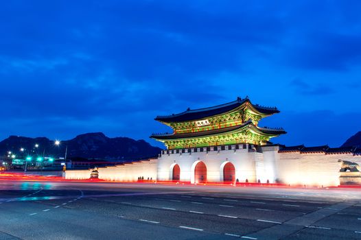 Gyeongbokgung palace at night in Seoul, South Korea.