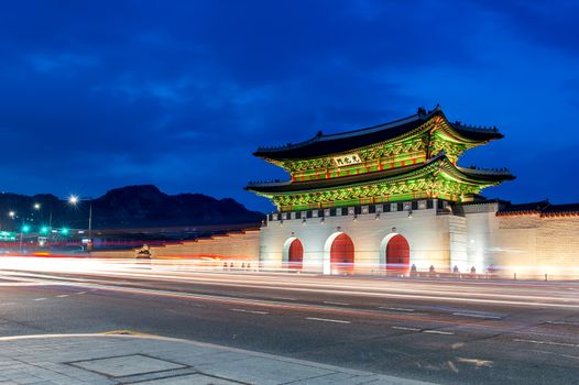 Gyeongbokgung palace at night in Seoul, South Korea.