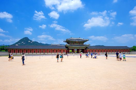 SEOUL, SOUTH KOREA - JUNE 28: Soldier with traditional Joseon dynasty uniform guards the Gyeongbokgung Palace on June 28, 2015 in Seoul, South Korea.