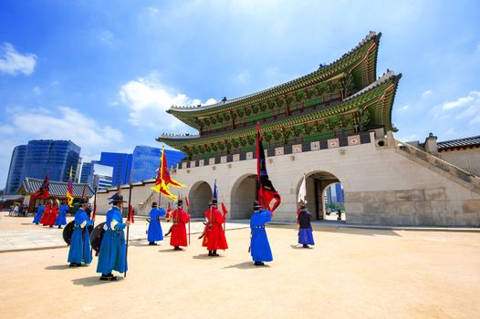 SEOUL, SOUTH KOREA - JUNE 28: Soldier with traditional Joseon dynasty uniform guards the Gyeongbokgung Palace on June 28, 2015 in Seoul, South Korea.