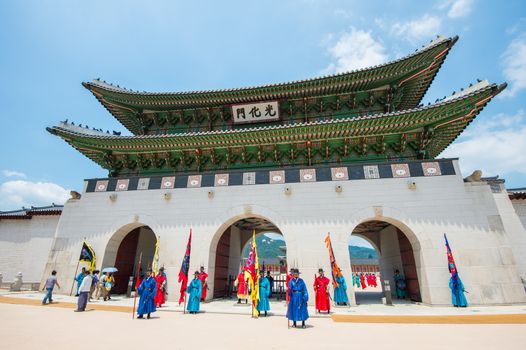 SEOUL, SOUTH KOREA - JULY 5: Soldier with traditional Joseon dynasty uniform guards the Gyeongbokgung Palace on July 5, 2015 in Seoul, South Korea.