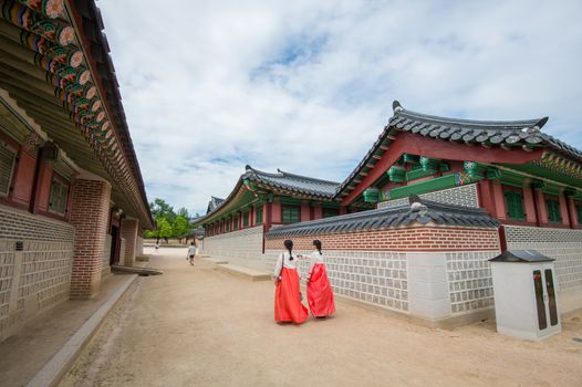 SEOUL, SOUTH KOREA - JULY 17: Tourists taking photos of the beautiful scenery around Gyeongbokgung Palace on July 17, 2015 in Seoul, South Korea.