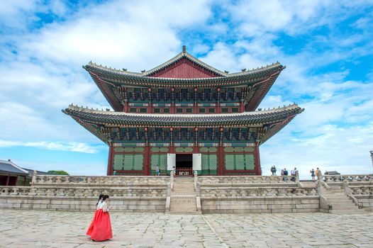 SEOUL, SOUTH KOREA - JULY 17: Tourists taking photos of the beautiful scenery around Gyeongbokgung Palace on July 17, 2015 in Seoul, South Korea.