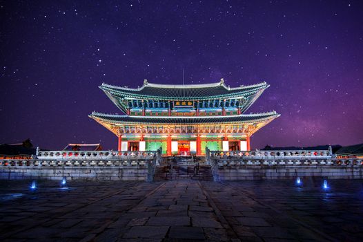 Gyeongbokgung Palace and Milky Way at night in seoul,Korea.