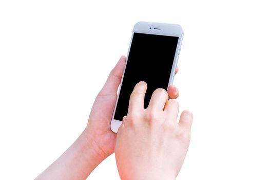 Hand holding smart phone isolated on white background.