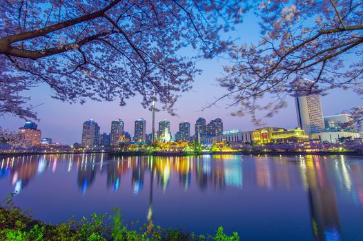 SEOUL, KOREA - APRIL 9, 2015: Lotte World amusement park at night and cherry blossom of Spring, a major tourist attraction in Seoul, South Korea on April 9, 2015