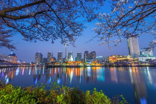 SEOUL, KOREA - APRIL 9, 2015: Lotte World amusement park at night and cherry blossom of Spring, a major tourist attraction in Seoul, South Korea on April 9, 2015