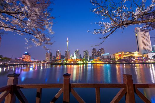 SEOUL, KOREA - APRIL 9, 2015: Lotte World amusement park at night and cherry blossom of Spring, a major tourist attraction in Seoul, South Korea on April 9, 2015