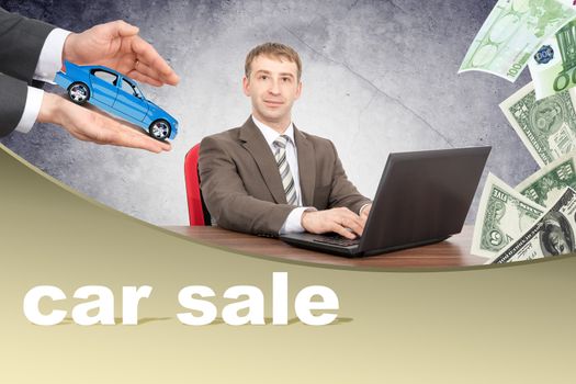 Hands offerring car to businessman, car sale concept