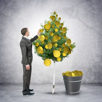 Businessman collecting coins from tree with bucket full of money, easy money concept