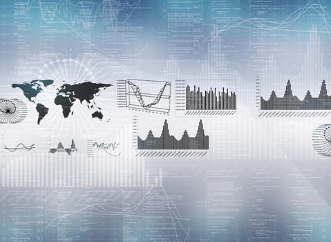 Abstract blue background with graphical charts and world map, technology concept