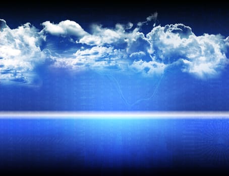 Skyline with clouds charts and numbers, internet concept