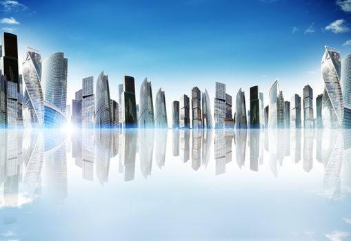 Cityscape with reflexion and bright skyline, urban concept