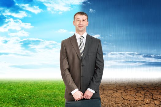 Two sides businessman with good and bad weather, eco concept