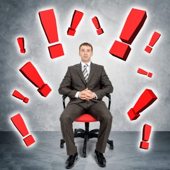 Businessman sitting in chair with excalamation signs around, business concept