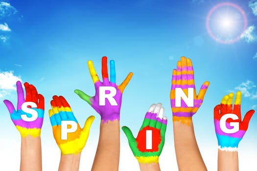 Set of colorful hands with word spring, weather concept