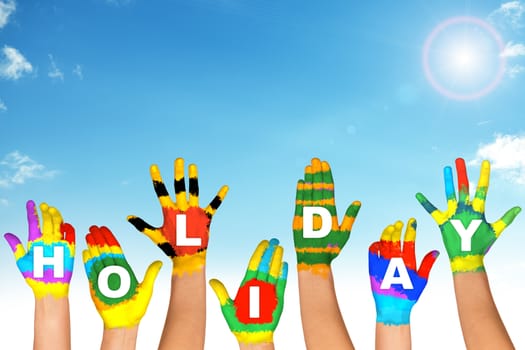 Set of colorful hands with word holiday, relax concept