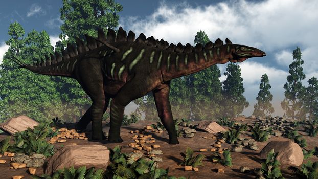 Miragaia dinosaur walking near wollemia pines by day - 3D render