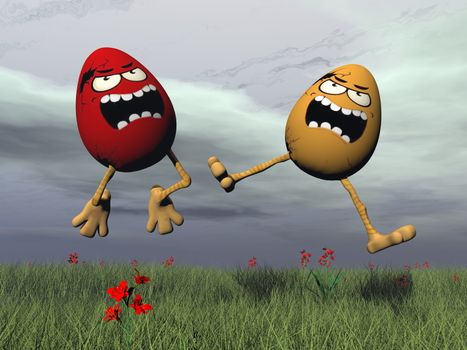 Two easter crazy eggs with yellow eyes and angry face jumping on the grass - 3D render