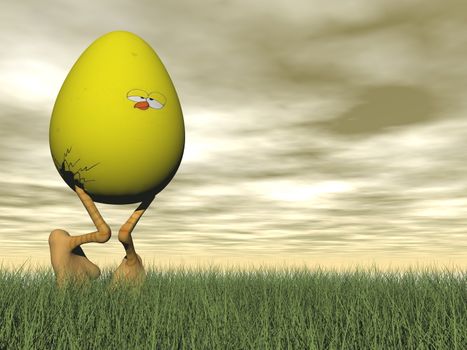Easter yellow egg standing shyly on its legs on the grass - 3D render