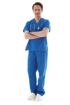 Full length portrait of young doctor in blue uniform isolated on white background 