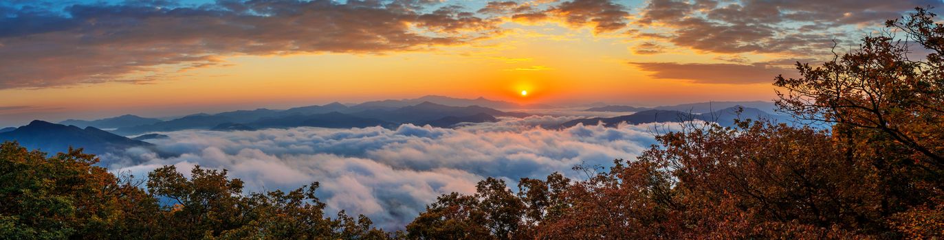 Seoraksan mountains is covered by morning fog and sunrise in Seoul,Korea