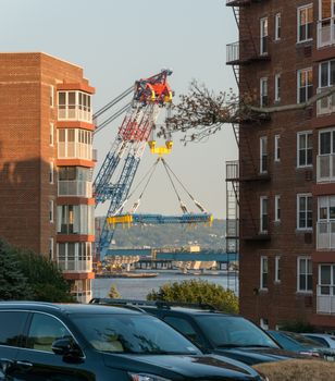 Nyack, New York - September 07 2015: View from Hudson embankment of tremendous crane working on new Tappan Zee bridge.