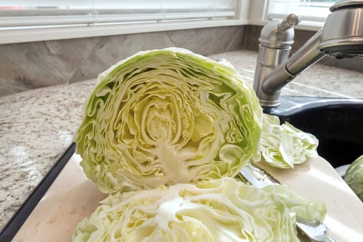 Cross Section of Cut Cabbage Head on Chopping Board over Kitchen Sink Closeup