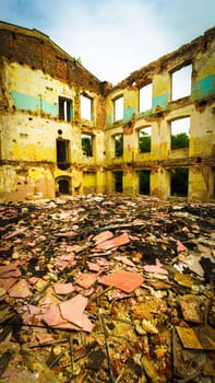 wide angle view of an old wall abandoned factory building