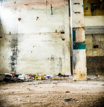 wide angle view of an old wall abandoned factory building