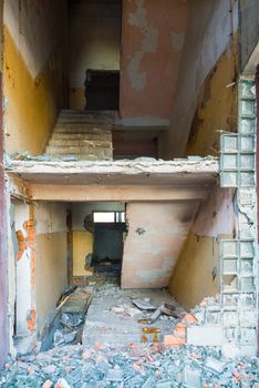 wide angle view of an old wall abandoned factory building