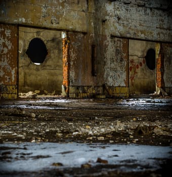 wide angle view of an old wall abandoned factory building