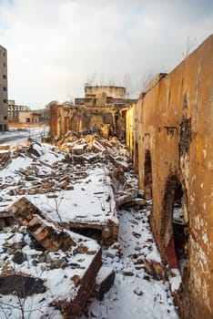 wide angle view of an old wall abandoned factory building