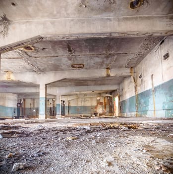 wide angle view of an old wall abandoned factory building