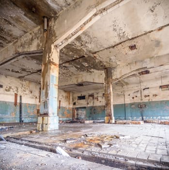wide angle view of an old wall abandoned factory building