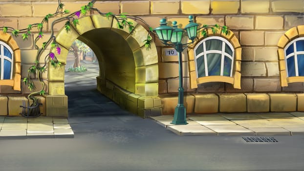 Digital painting of the small arch in resident building, entrance to the courtyard.