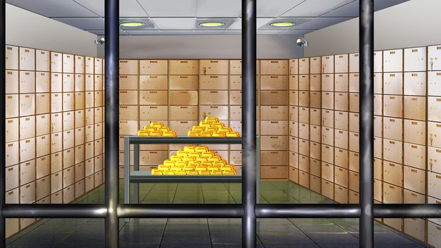Digital painting of the bank vault with safe deposit boxes and gold bullion