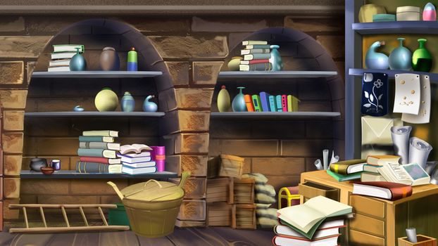 Digital painting of the interior of an old cellar with shelves full of many different things.