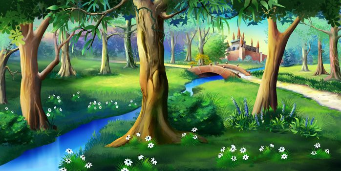Digital painting of the magic forest near the fairytale castle. Idyllic fairy tale illustration