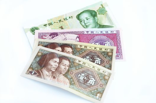 Chinese currency, Yuan, RMB. Colorful photo of different banknotes with Mao Tse-Tung picture.