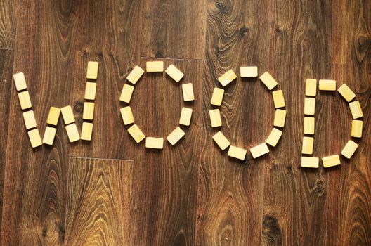 Word wood arranged by wooden blocks on wooden, brown floor.