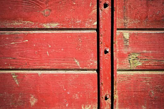 background or texture Red wooden slabs connected by iron