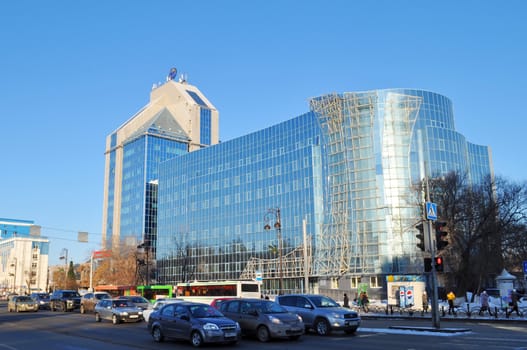 buildings of the Tyumen scientific research institute of regional infectious pathology and 
Gazoil-Plaza, business center. Tyumen, Russia, December, 2015