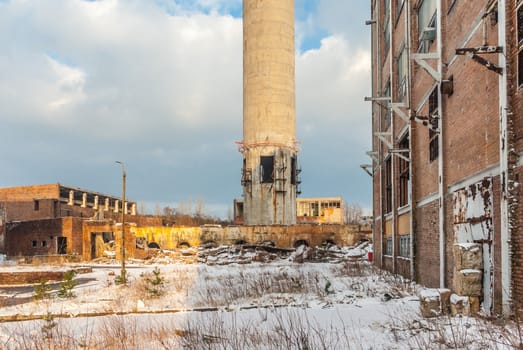 wide angle view of an old wall abandoned factory building